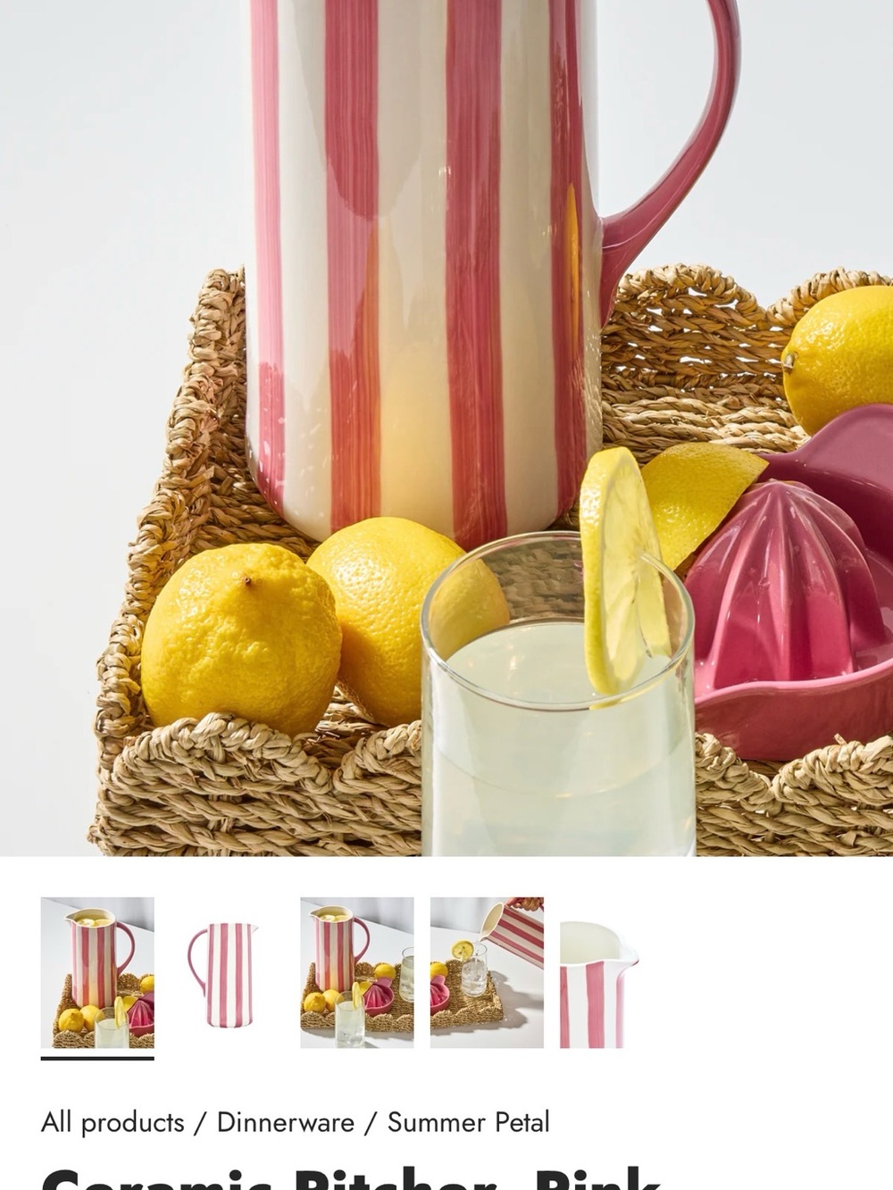 Hand-Painted Noon and Moon Pink Striped Ceramic Pitcher